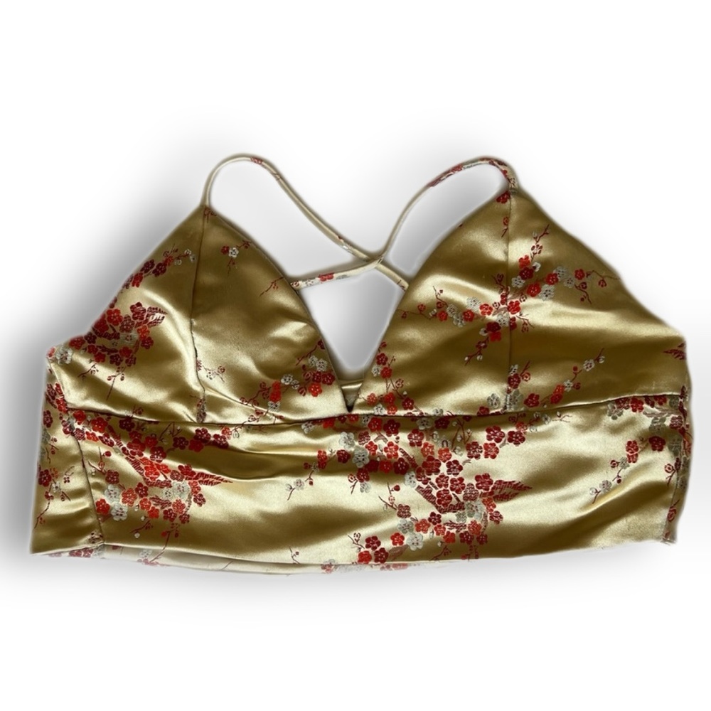 Y2K Gold Silk Cherry Blossom Top. XS/S